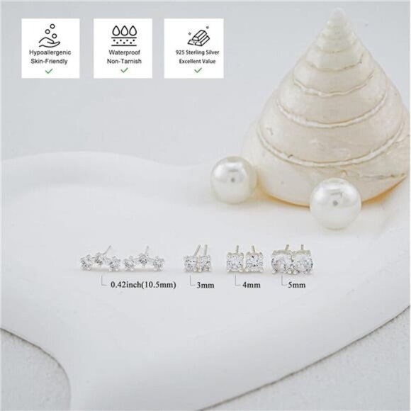 Silver Stud Earring Set – 4 Pairs CZ Multi-Size Set 925 Sterling Silver Dainty - Picture 5 of 6